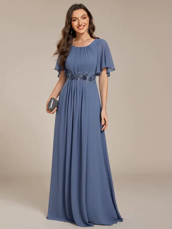 Robes de soirée élégantes à manches courtes, plissées, avec appliques, longueur au sol, Ever Pretty,