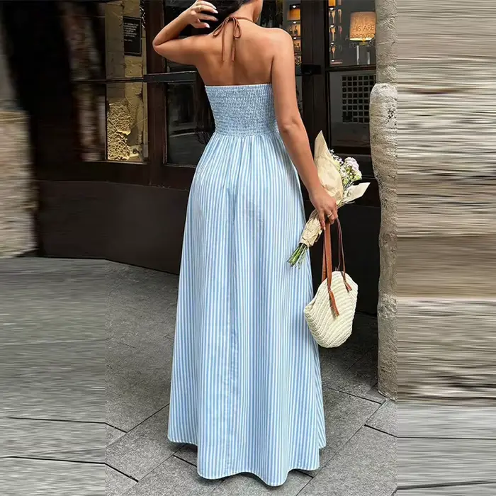 Nouvelle Robe Longue Halter Rayée Bleu et Blanc avec Bordure Marron