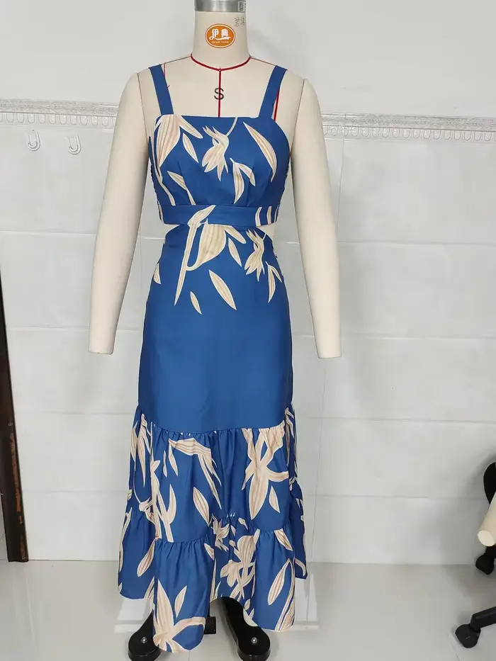 Robe midi bohème à imprimé feuilles bleues, col carré, ourlet à volants, robe fluide, pour les vacances à la plage, les fêtes, les tenues décontractées d'été, les tenues quotidiennes
