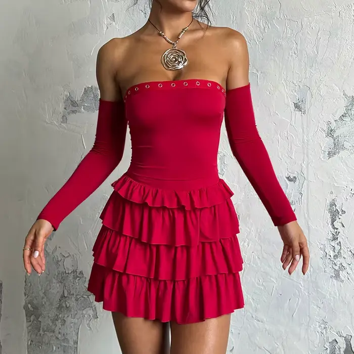 Robe polyester épaules dénudées plissée volants décolleté cou fendu printemps automne bywindto pour femmes occasions spéciales