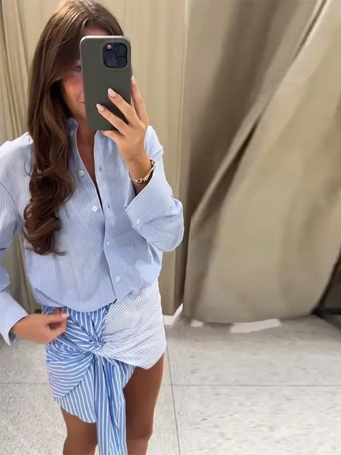 Robe chemise rayée bleu clair pour femme