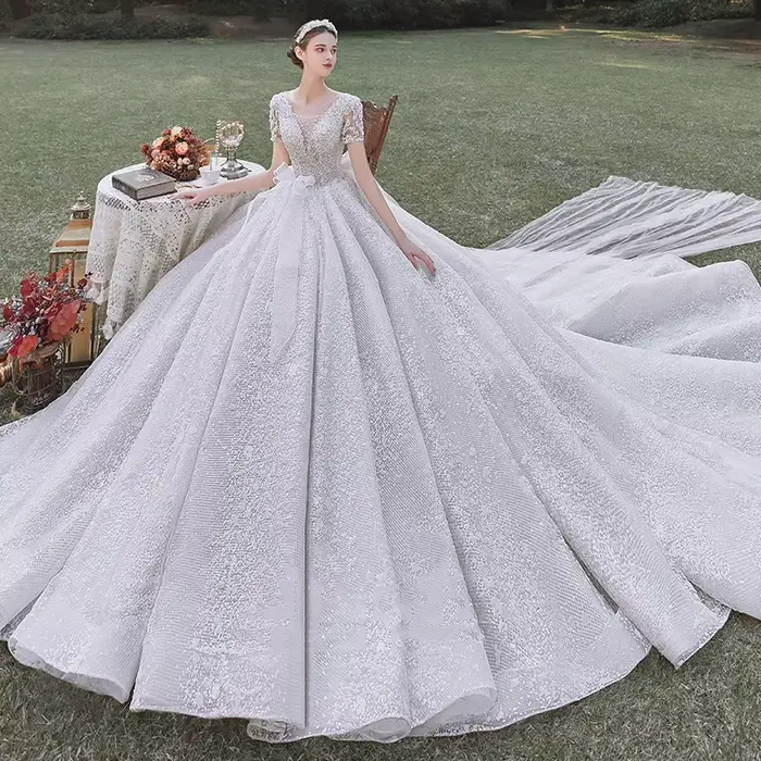 Robe de mariée à manches courtes, tempérament de mariage, ciel étoilé, paillettes, dentelle, voile d