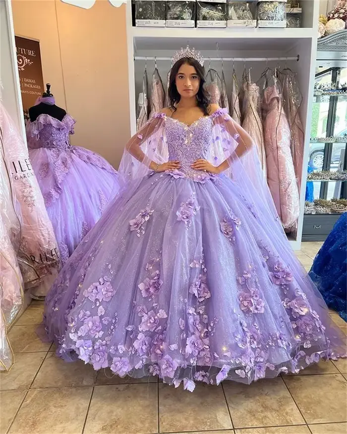 Robes De princesse Quinceanera à fleurs De lavande, avec Cape détachable, perles en cristal, douce 1
