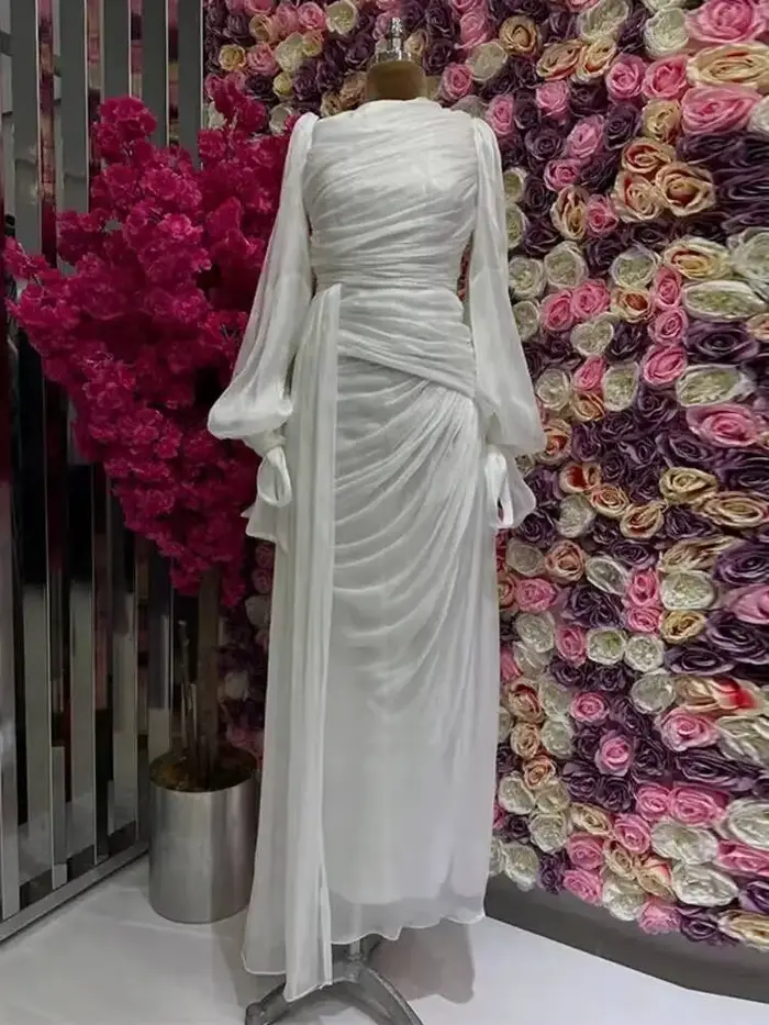 Robe de soirée longue plissée à col rond et manches lanternes, taille haute, nouvelle collection pri