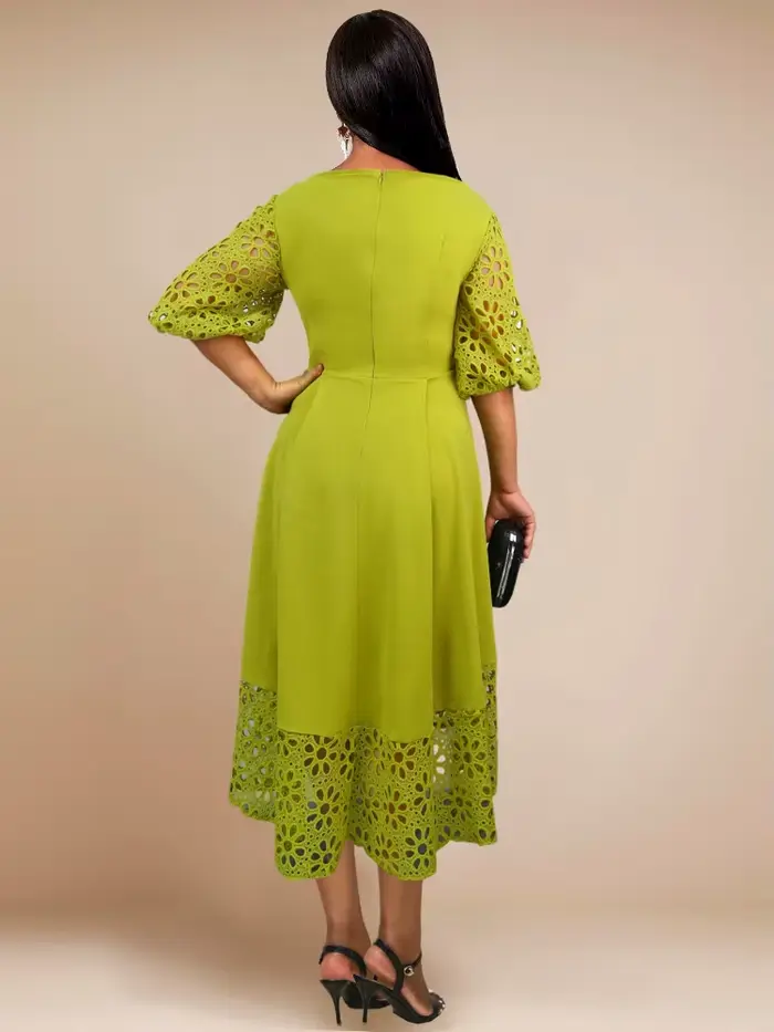 Robe élégante vert patchwork dentelle col rond manches bouffantes ligne A pour femmes bureau fête occasions spéciales 2025