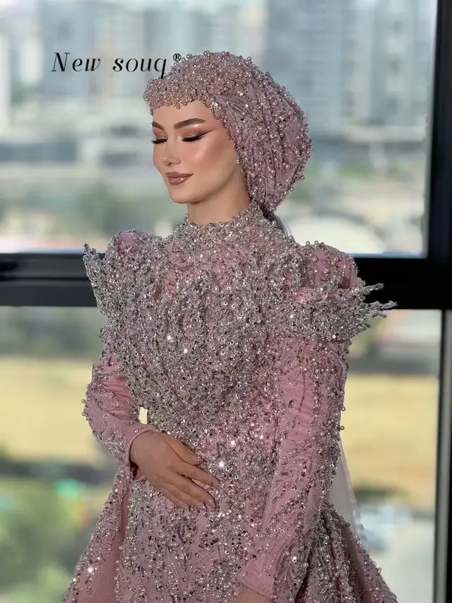 Robes de soirée de luxe roses du Moyen-Orient à manches longues pour mariages et bals de promo