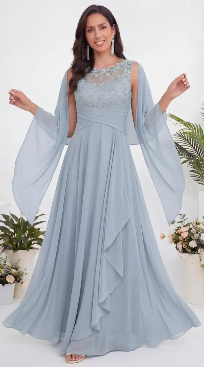 Robe en mousseline de soie longue avec châle et appliques en dentelle pour la mère de la mariée occasions spéciales élégance et sophistication