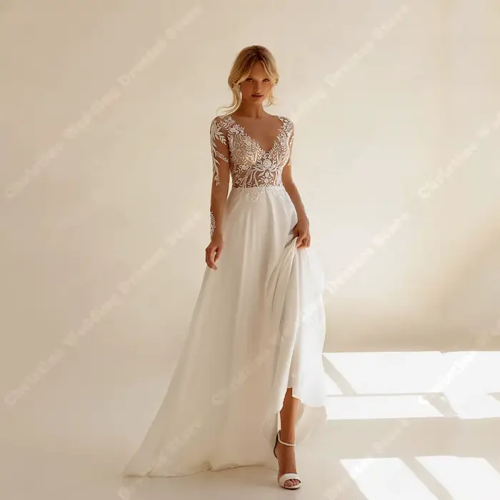 Robes de mariée en dentelle à manches longues pour femmes