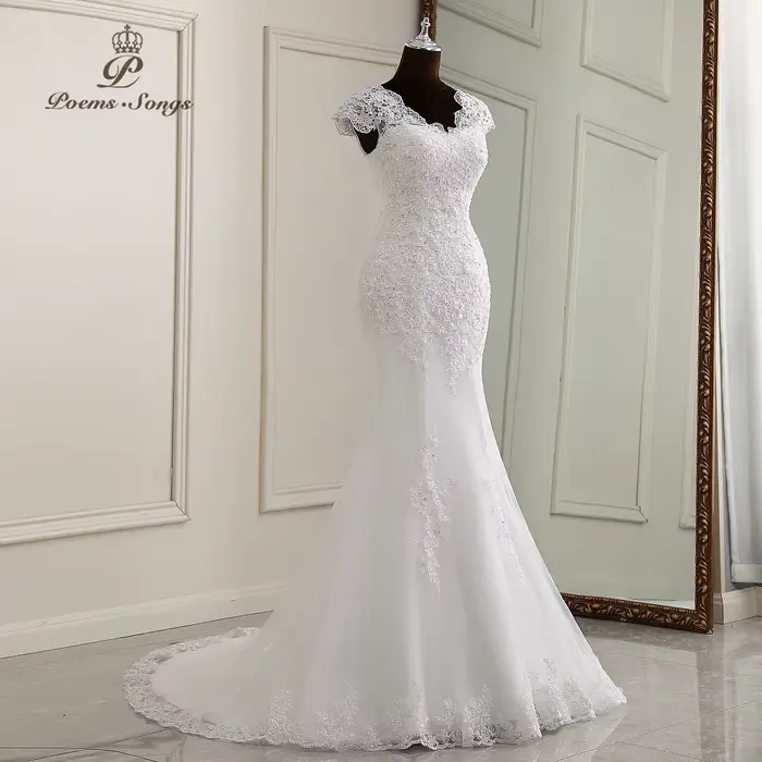 Robes élégantes personnalisées robe De mariée sirène manches courtes style dentelle Appliques