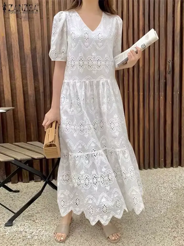 Robe ZANZEA en coton ample décontractée col en V manches bouffantes pour femmes occasions spéciales été