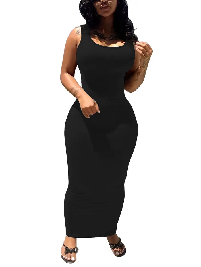 Élégant et minceur! Robe longue sans manches de couleur unie - coupe slim, élégante et polyvalente