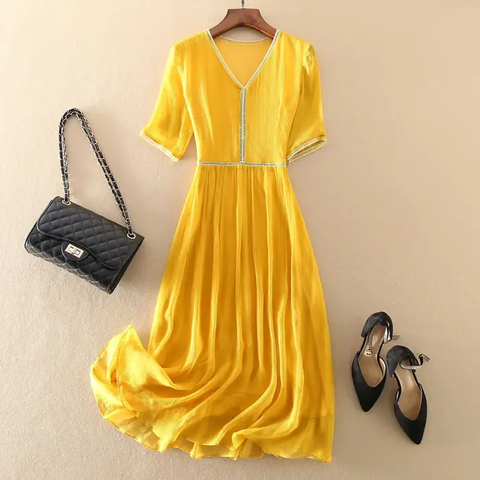 KMETRAM 100% robes en soie de mûrier naturelle 2025 femme été élégant col en v robe longue