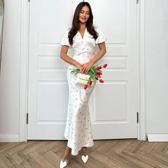 Robe longue élégante à imprimé floral pour femmes, manches courtes, col en V, robe slim tendance, sa