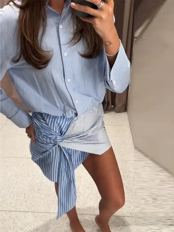Robe chemise rayée bleu clair pour femme