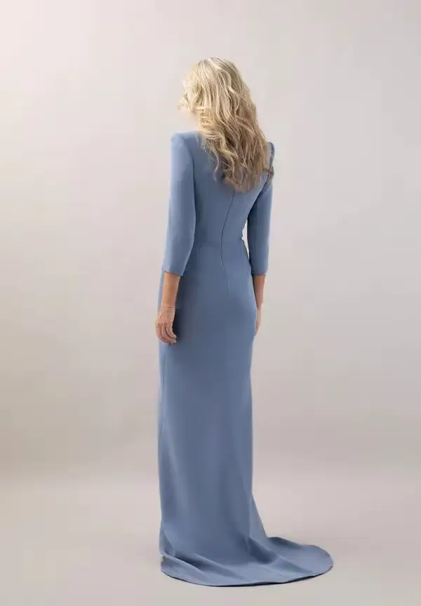 Robe de soirée personnalisée à col tailleur pour invitée de mariage, manches 3/4, ornée de perles, coupe colonne, tenue de fête de mariage, longue robe de cérémonie en satin bleu