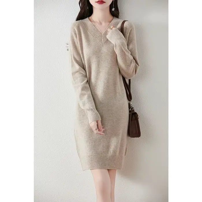 Robe pull à manches longues et col en V pour femme, 100% laine mérinos, jupe basique en tricot, mono