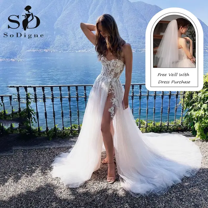 SoDigne-Robe de Mariée Boho en Tulle et Dentelle, Tenue de Patients Personnalisée, A-ligne, Fendue s