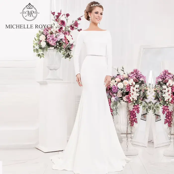Michelle Royce robes De mariée sirène Sexy Scoop manches longues dos nu bouton perlé Court Train rob