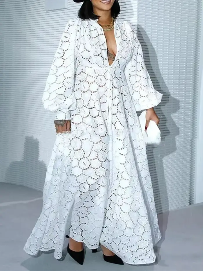 Robe longue blanche élégante pour femmes, ample, décontractée, mode, ajourée, manches longues, grand