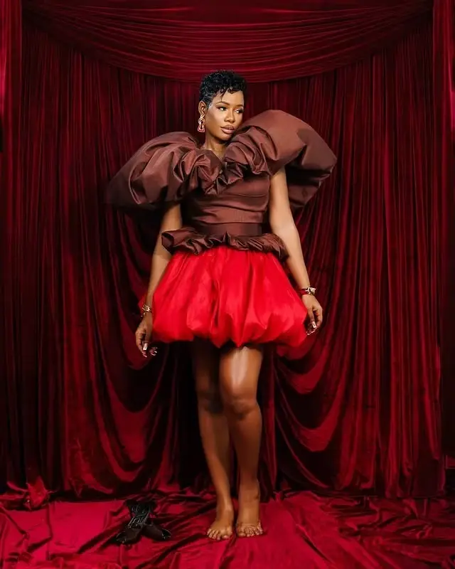 Robe de bal color block marron et rouge moderne avec épaules volantées pour femmes, bal de promo, cérémonies de mariage et soirées de gala