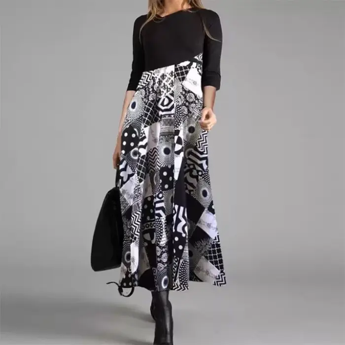 Robe longue vintage à col en V pour femmes