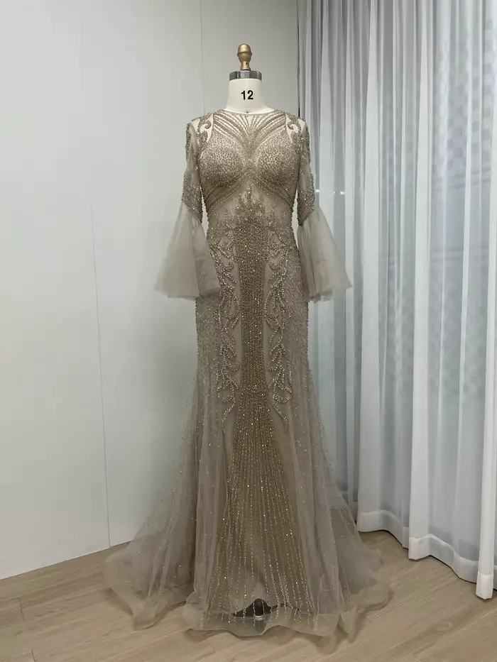MYMB luxe Caramel sirène perlée soirée robe formelle pour la fête de mariage élégant arabe manches longues mère