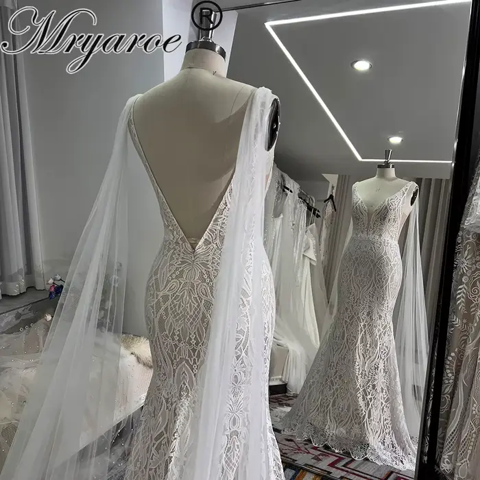 Robes de mariée en dentelle à col plongeant Mryarce avec ailes détachables robes de mariée dos ouver