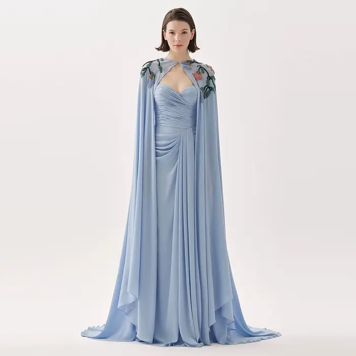 Robe de soirée en mousseline de haute qualité avec traîne Watteau, châle de luxe et appliques, robes