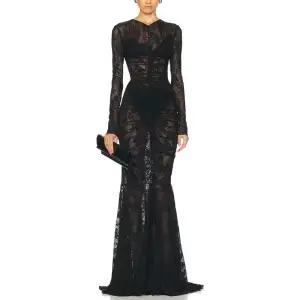 Magnifique noir pure dentelle Maxi robe pour les femmes-manches longues froncé sirène robe de soirée