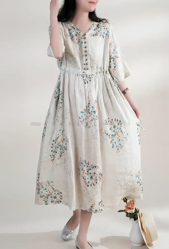 Robe d'été longue imprimée THHONE élégante avec col en V pour femmes occasions spéciales vintage style plage coréen
