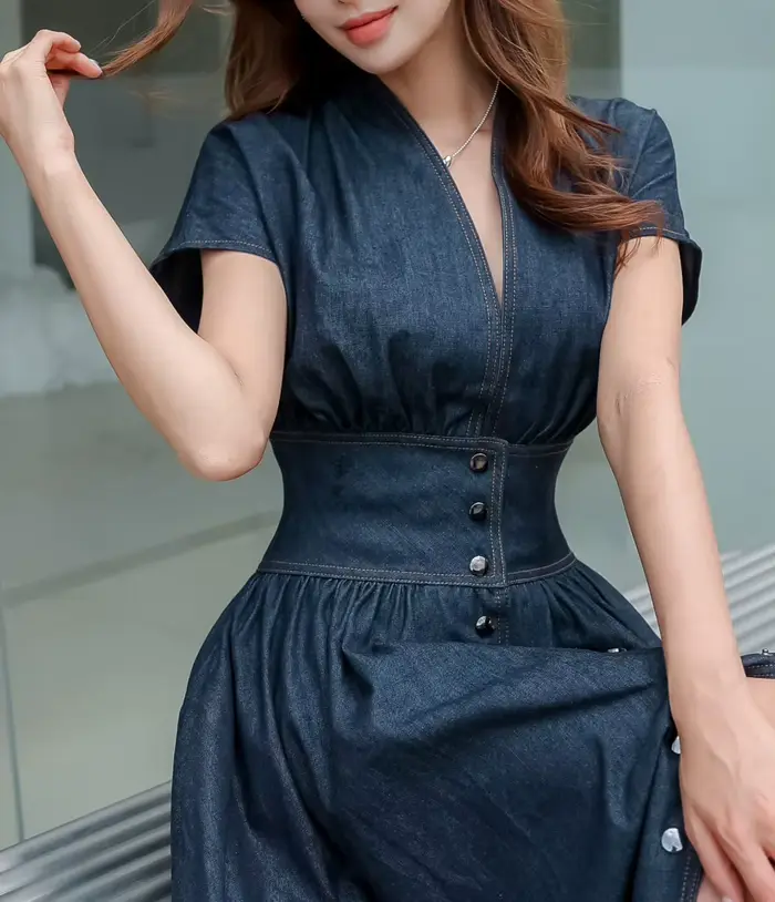 Mode jean robe col en v à manches courtes femmes 2025 été décontracté ample femme dames sans