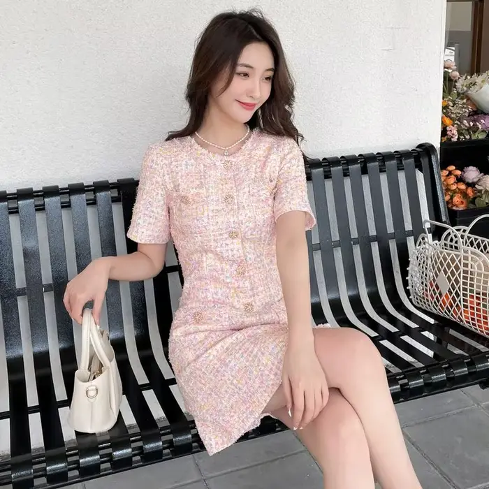 Robe pull en tweed pour femme junior style preppy coupe cintrée rose polyvalente automne printemps été 2025