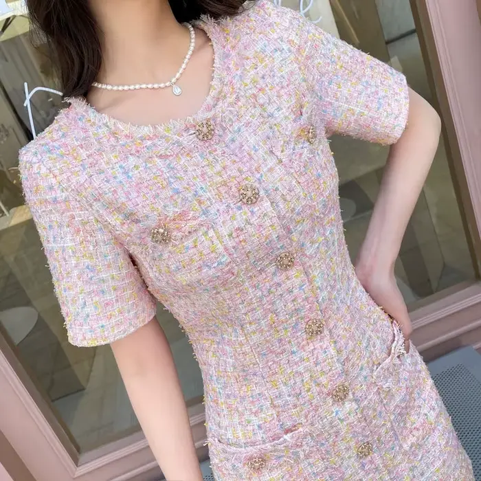 Robe pull en tweed pour femme junior style preppy coupe cintrée rose polyvalente automne printemps été 2025