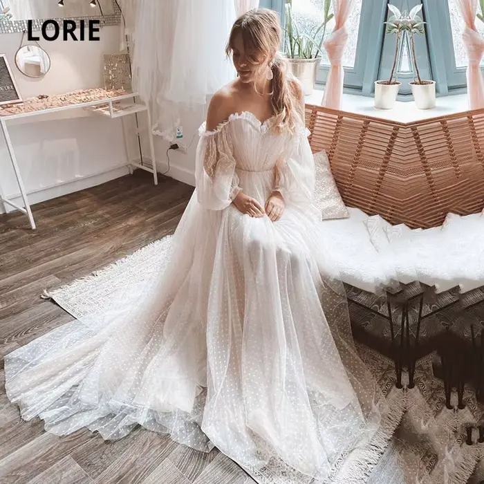 LORIE-Robe de Mariée Romantique à Manches Bouffantes, Style Bohème, à Pois, pour Patients de Plage, 