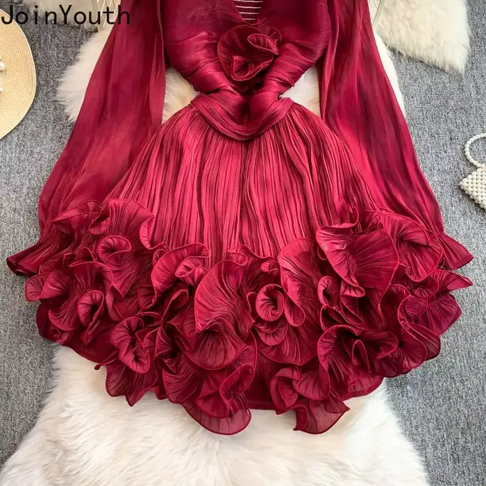 Mini robe d'été pour femme en polyester bleu rouge ou rose coupe A avec col en V et détails de plis pour silhouette élégante