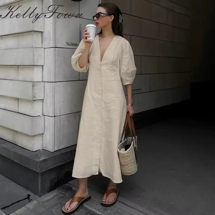 Robe en coton et lin 2026, style Y2K français, col en V, manches bouffantes, robe dos nu à lacets, robes longues décontractées d'été pour femmes