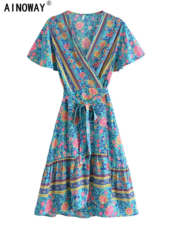 Mini robe bohème à col en V pour femmes