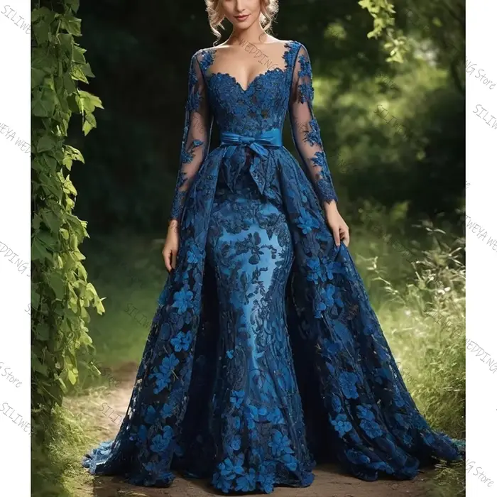 Col carré bleu dentelle Applique sirène robe De Soirée Chic