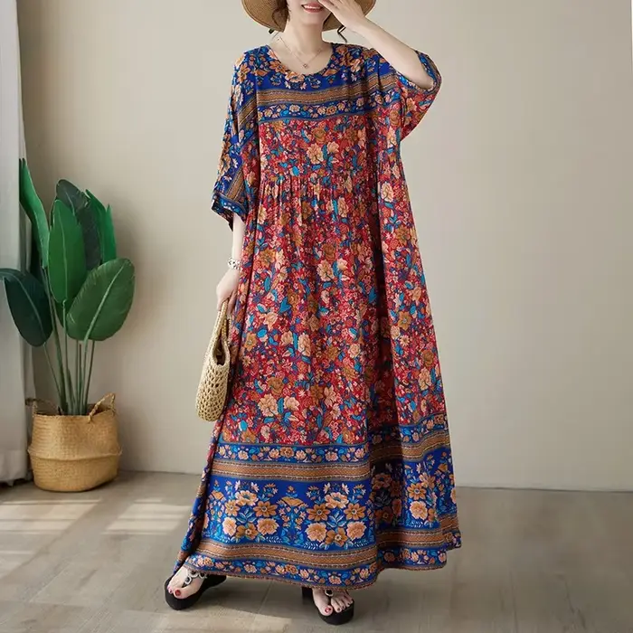 Robe d'été grande taille en soie style bohème col rond manches courtes imprimé floral ample pour femmes sorties décontractées et occasions spéciales
