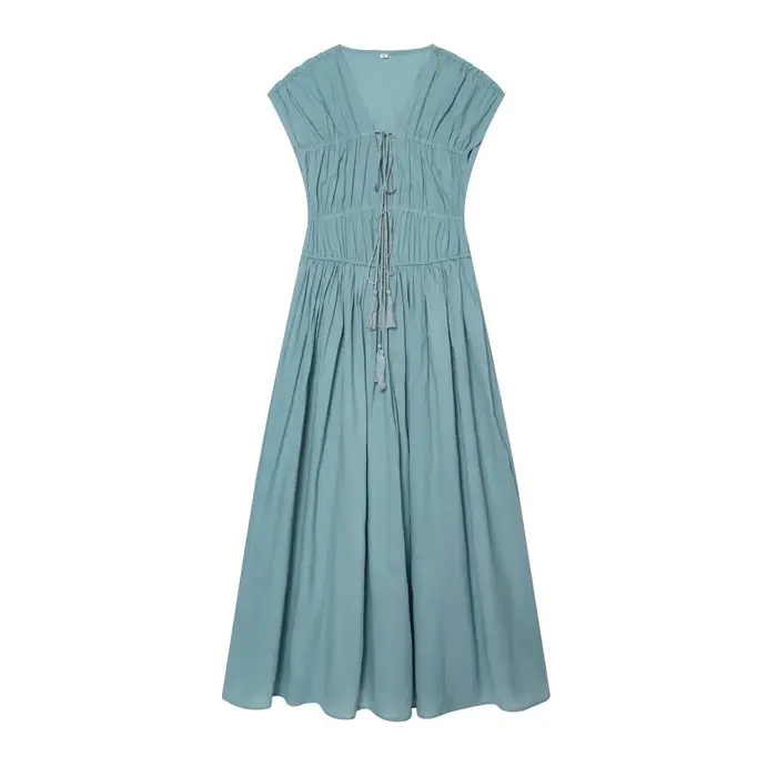 Robe Femme Été 2026 Style Européen Col V Profond Sans Manches Plissée Élégante Chic avec Cordon de Serrage Tendance Urbaine