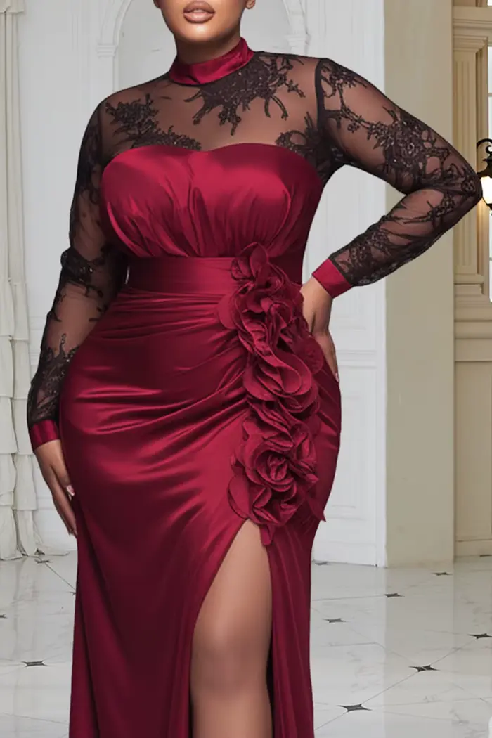 Robe maxi en satin et dentelle rouge élégante pour femmes occasions formelles cocktail soirées