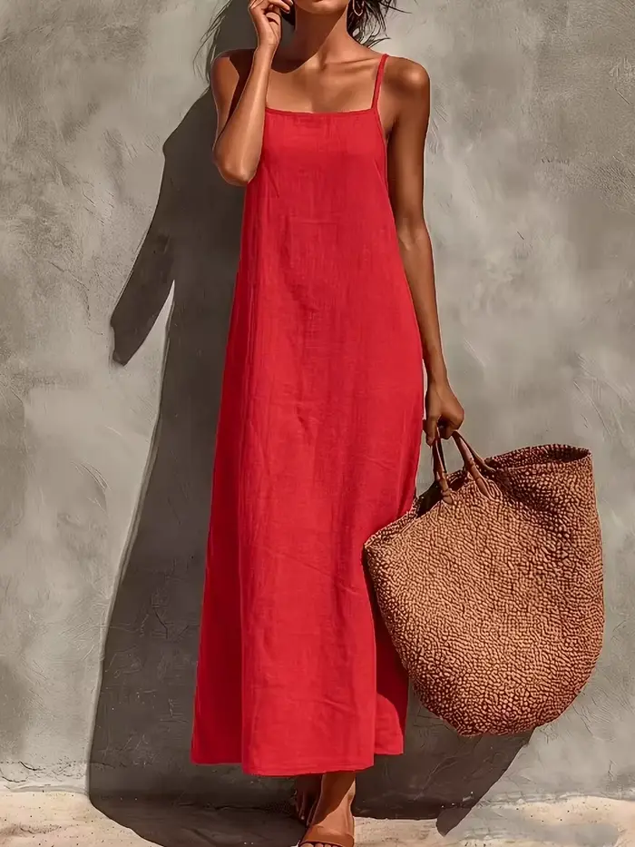 Nouvelle Robe Longue Droite Ample en Lin Français pour Femme, Col Carré Rouge Rétro, en Lin Texturé Sélectionné Anti-Humidité