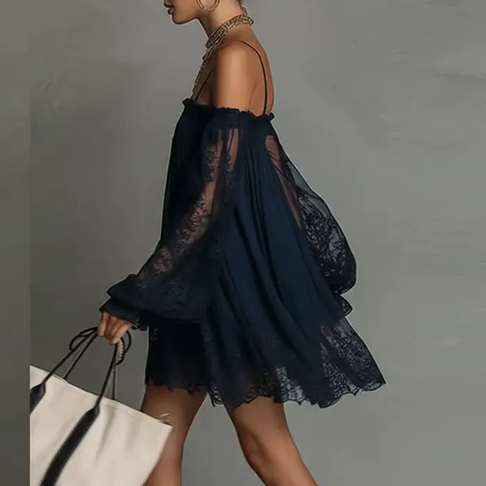 Robe bohème printemps femme élégante à épaules dénudées dentelle creuse manches bouffantes volants coupe trapèze mini robe décontractée pour fête et vacances d'été