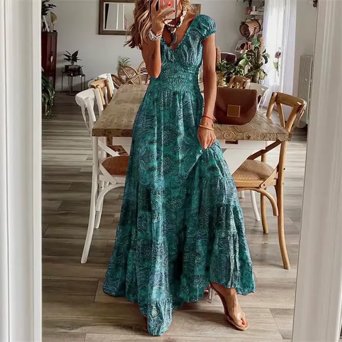 Robe longue style bohème élégante pour femmes imprimé floral occassions spéciales soirée mariage vacances