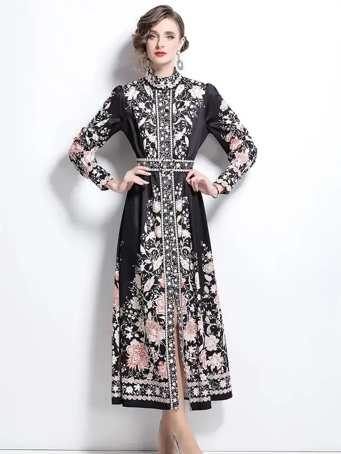 Robes Maxi à imprimé fleuri pour femmes, boutons foraux, ceinture d'épissure, support à manches long