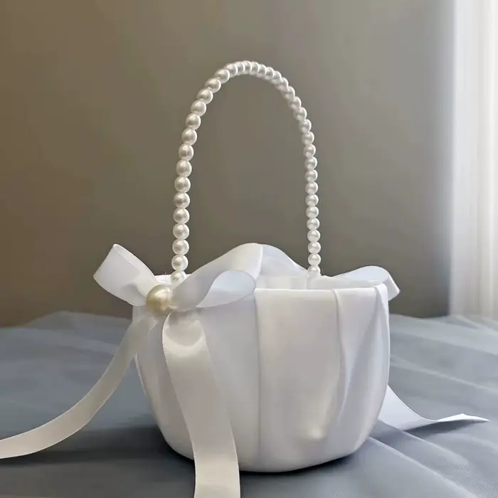 Panier de fleurs avec nœud en Satin blanc pour mariage, panier de transport de fleurs avec poignée e