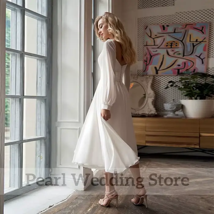 Robe de Mariée Simple en Mousseline de Soie, Longueur Thé, Chérie et Manches sulf, Fendue sur le Côté, Plis Dos auxSexy, pour Patients Personnalisés