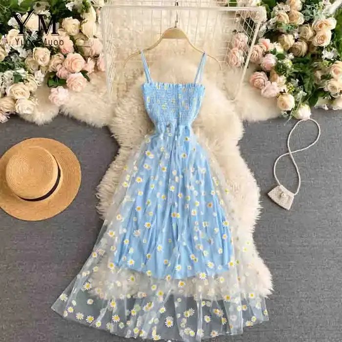 Mode coréenne marguerite fleur imprimé maille robe de soirée été deux couches Spaghetti sangle vacances