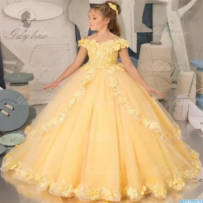 Robe de demoiselle d'honneur en dentelle avec col en V personnalisable pour enfant, princesses, mariages, premières communions, événements spéciaux