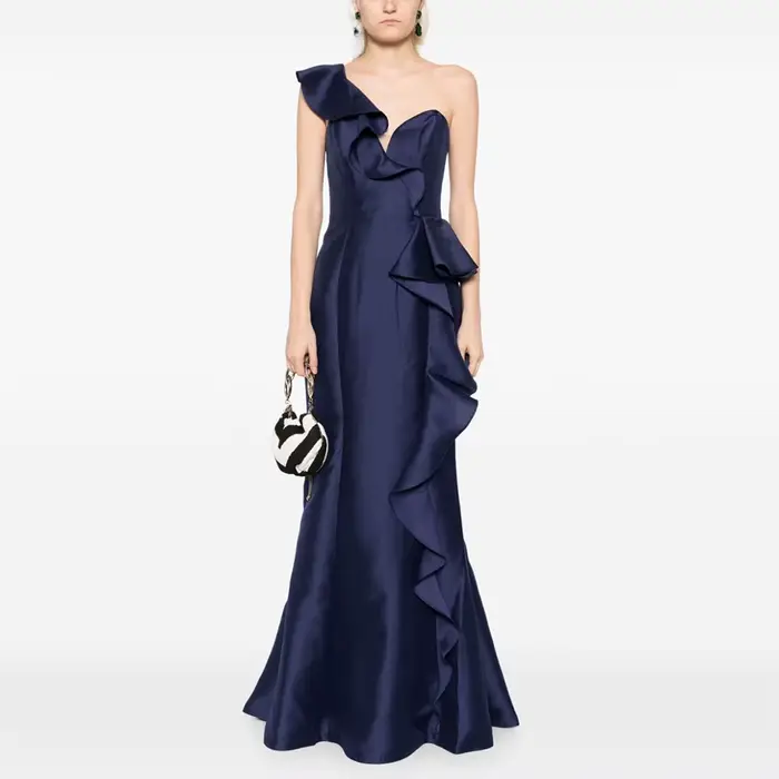 Robe sirène en polyester satiné bleu marine à volants pour femmes, soirée de gala, mariage, élégance intemporelle, occaions spéciales